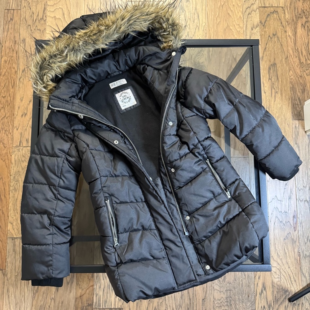 Girls H&M Black Puffer Jacket with Faux Fur Trim